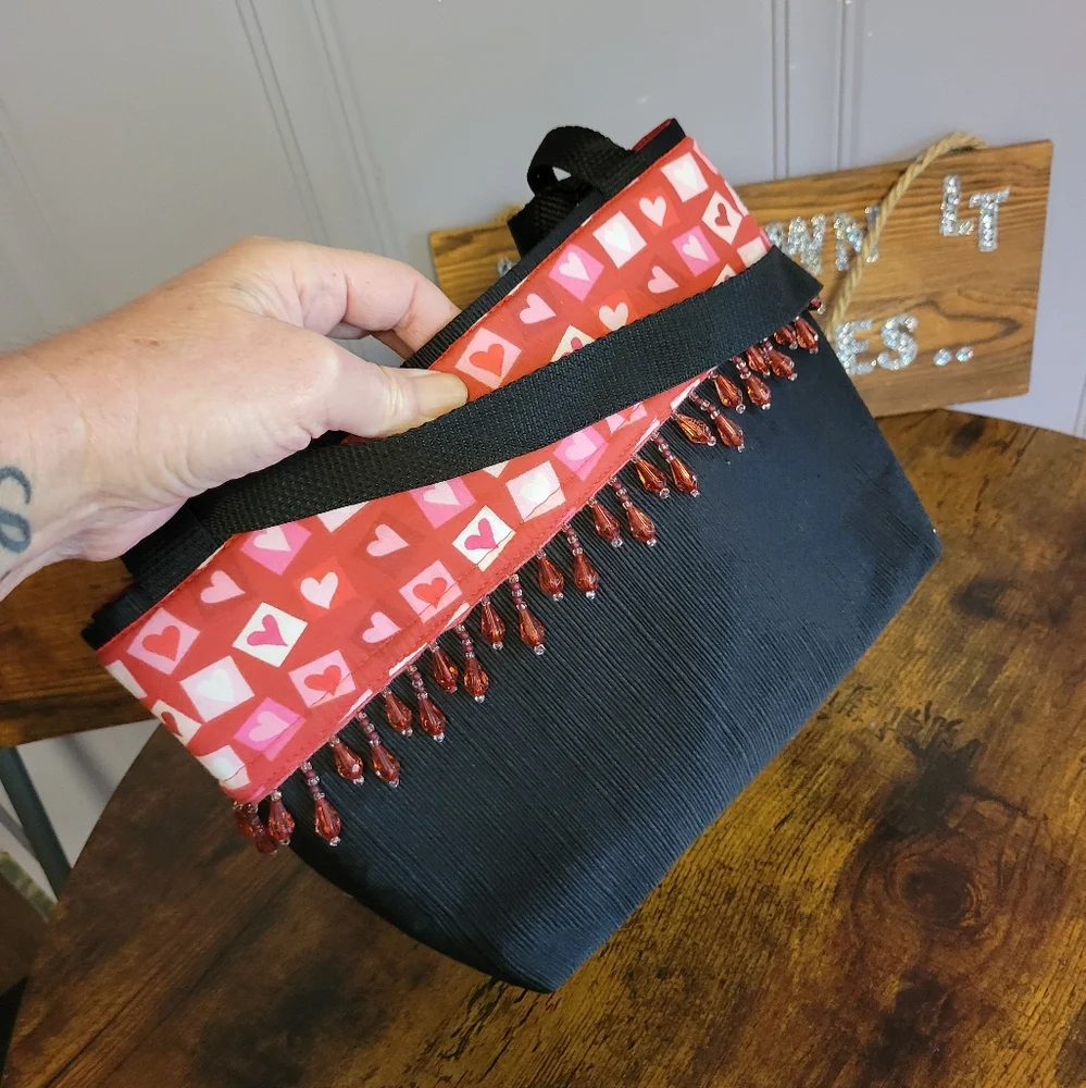 Handcrafted heart and bead embellished shoulder bag two nylon straps